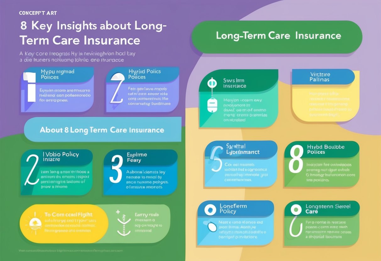 A colorful infographic showing 8 key insights about long-term care insurance, with clear and easy-to-understand visuals depicting hybrid policies