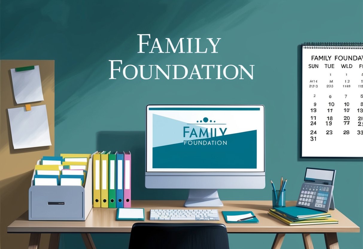 A desk with organized files, a computer, and a calendar. A family foundation logo displayed prominently on the wall