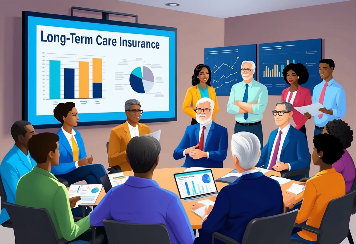 A group of diverse individuals discussing long-term care insurance, with charts and graphs displayed on a large screen in the background