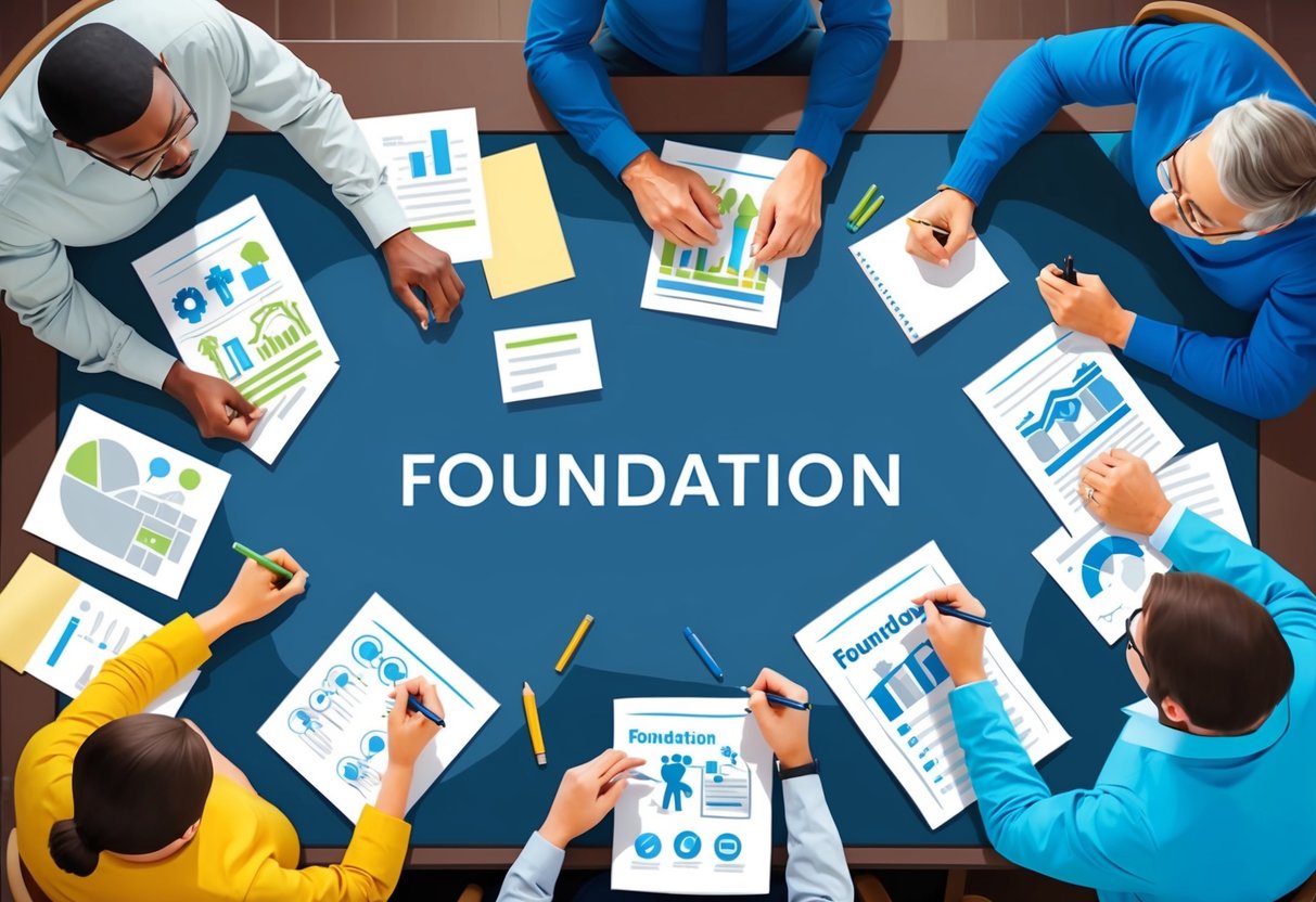 A family sitting around a table, discussing and planning the creation of a foundation. Papers and pens are scattered across the table as they brainstorm ideas