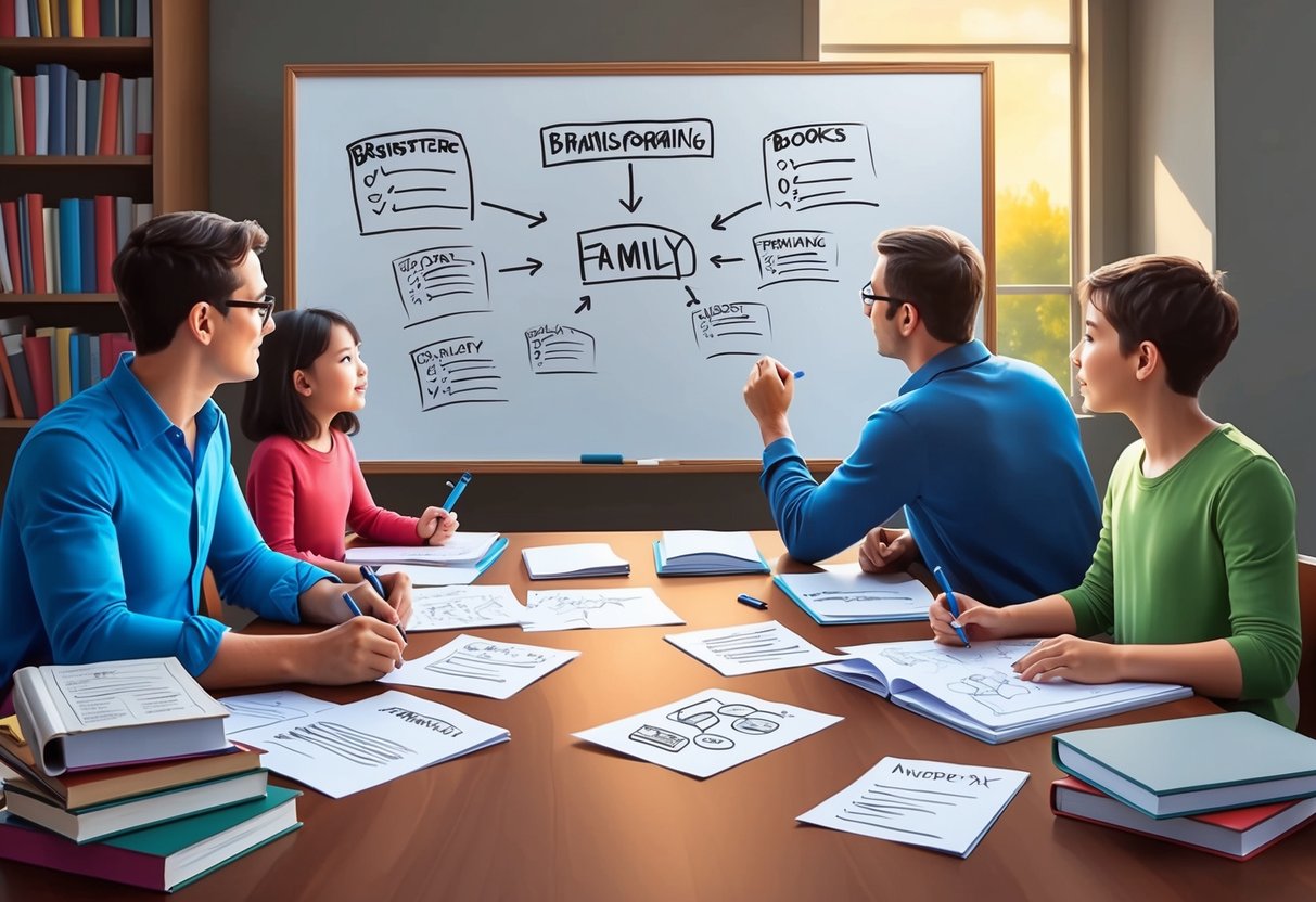 A family sitting around a table, brainstorming and writing on a whiteboard, surrounded by books and papers