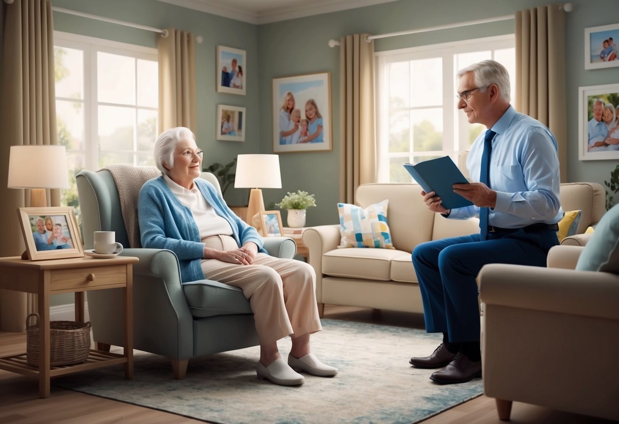 A serene elderly person sits in a cozy living room, surrounded by family photos and comfortable furniture, while a friendly insurance agent explains the benefits of long-term care insurance