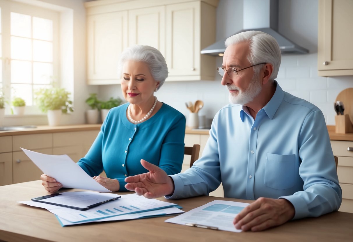 A serene elderly couple sitting at a kitchen table, reviewing paperwork with a financial advisor. The advisor gestures towards a document while the couple listens attentively