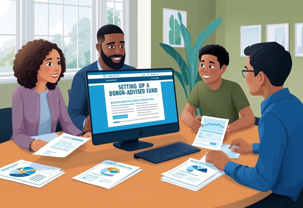 A family sitting around a table, discussing financial documents and a computer open to a website about setting up a donor-advised fund