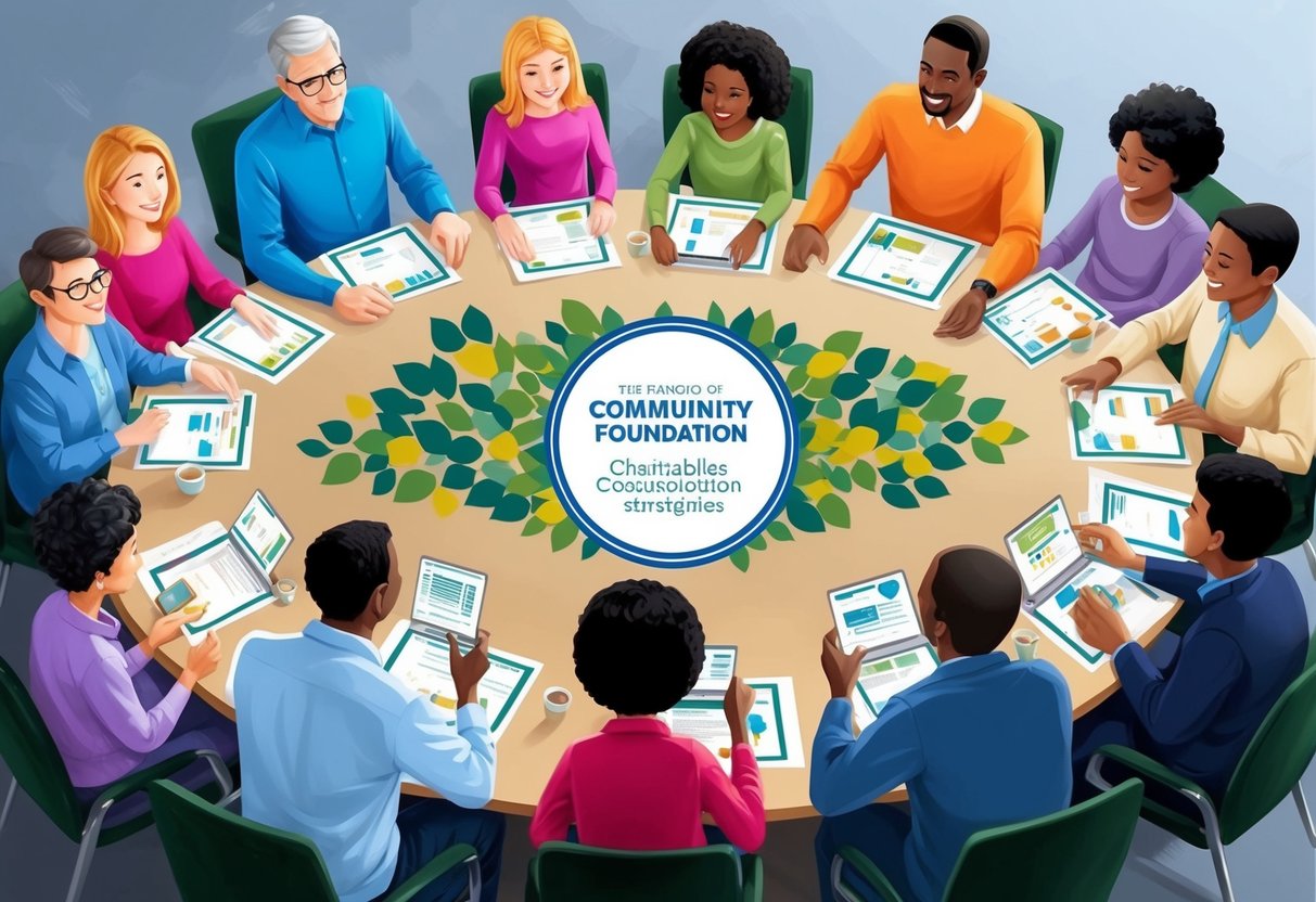 A diverse group of families gather around a table, each contributing to a community foundation. They discuss charitable giving strategies and exchange ideas