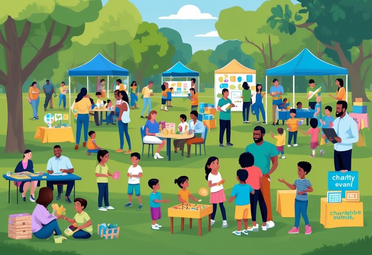 A diverse group of families gather in a park, setting up booths and activities for a charity event. Children play games, while parents discuss charitable giving strategies