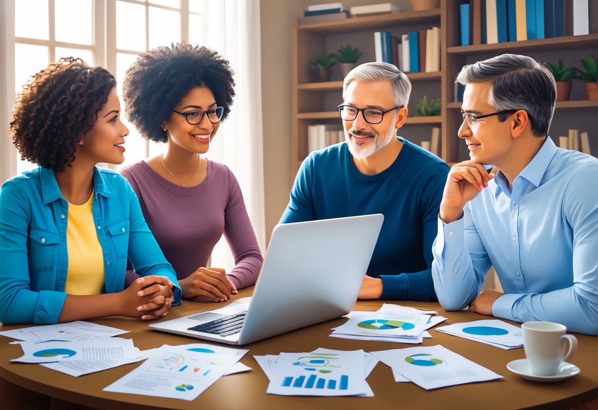 A family sitting around a table, discussing charitable giving strategies and participating in crowdfunding for causes. They are engaged in thoughtful conversation, with a computer and papers spread out in front of them