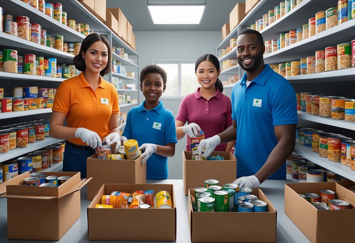 A family of four volunteers at a local food bank, sorting and packing donations. They work together with smiles on their faces, surrounded by shelves of canned goods and boxes of non-perishable items