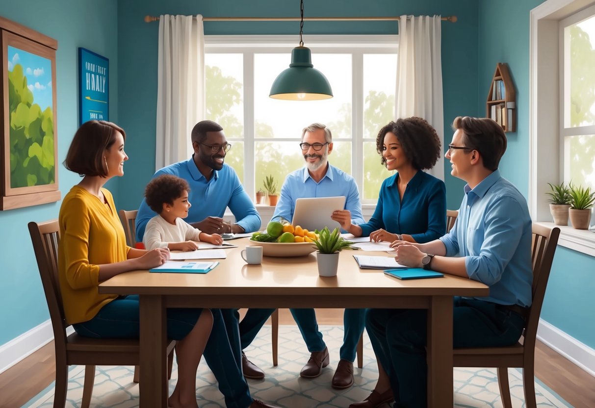 A family sitting around a table, discussing and planning their monthly budget, with a focus on allocating funds for charitable giving