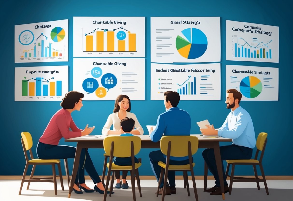 A family sitting around a table, discussing charitable giving. Charts and graphs on the wall illustrate various strategies