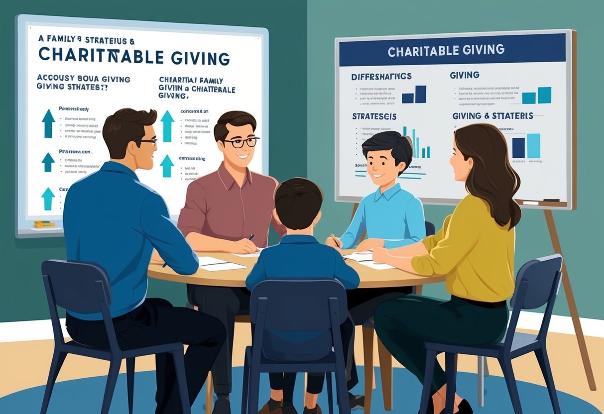 A family sitting around a table, discussing charitable giving. A whiteboard with different giving strategies is visible in the background