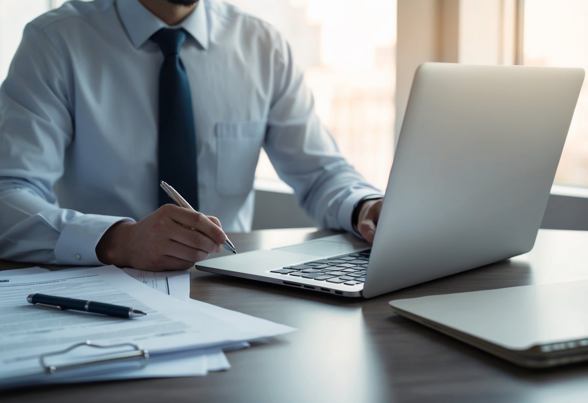 A person sitting at a desk with a laptop, surrounded by legal documents and a pen, researching healthcare directive laws