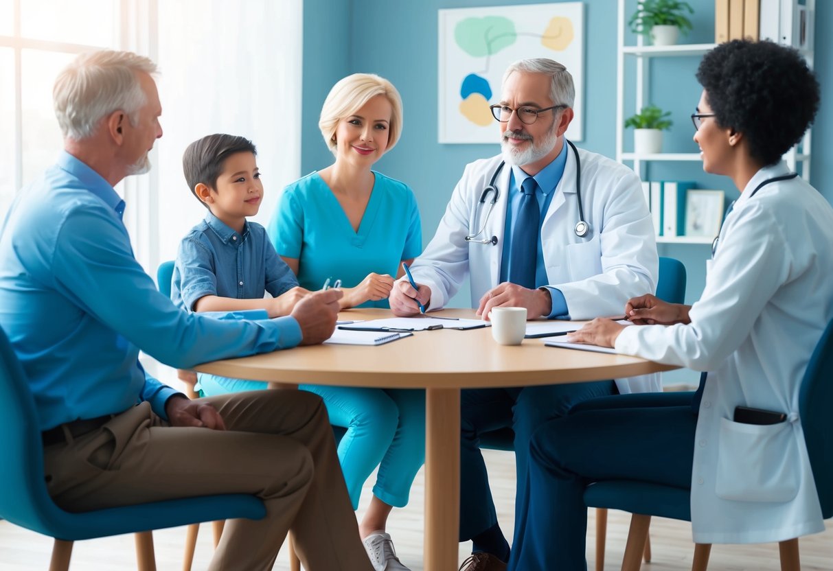 A family and doctor sit around a table, discussing and brainstorming ideas for creating a healthcare directive for their legacy plan