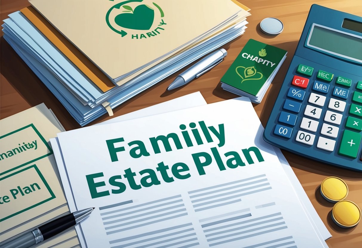 A family estate plan with a stack of financial documents, a charity logo, and a calculator on a desk