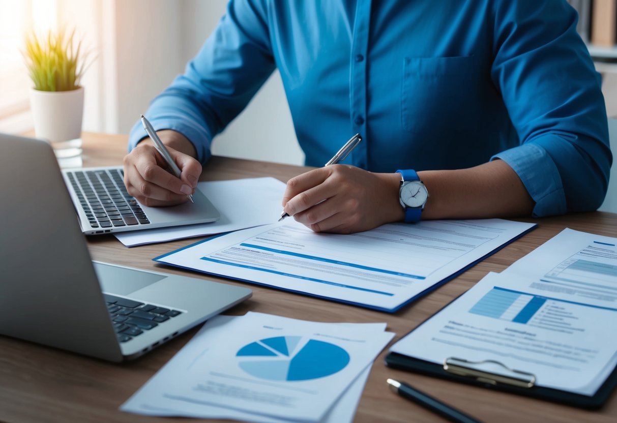 A person sits at a desk with a pen and paper, surrounded by documents and a laptop. They are focused on creating a healthcare directive for their legacy plan