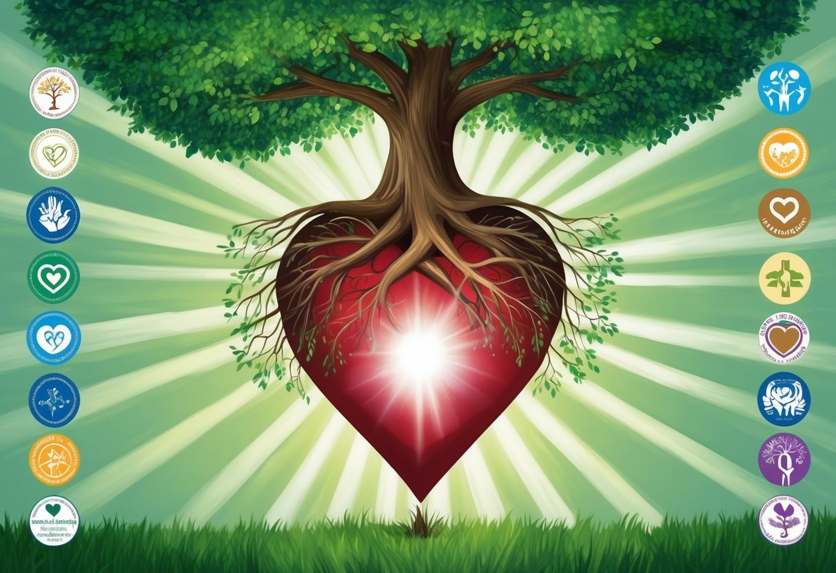 A tree with roots growing into a heart shape, surrounded by symbols representing various charitable causes, with rays of light emanating from the center