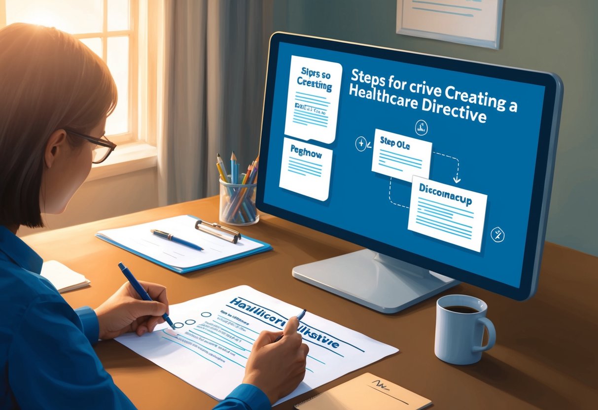 A person sitting at a desk, writing on a piece of paper with a pen. A computer screen displays steps for creating a healthcare directive