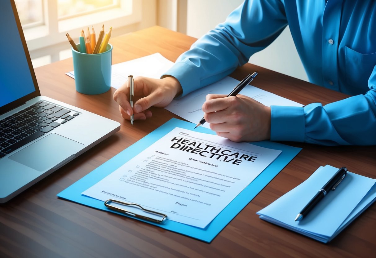 A desk with a pen, paper, and computer. A person reviewing and updating a healthcare directive document