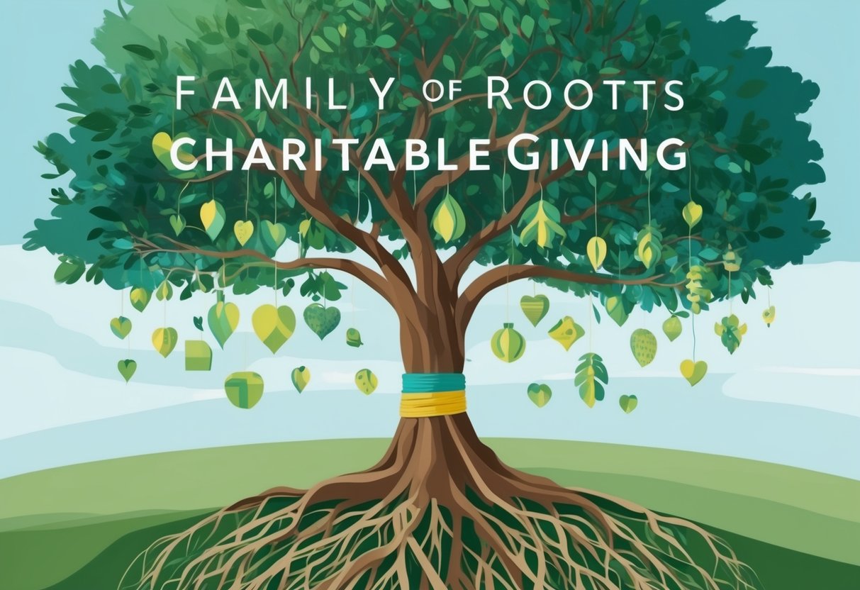 A family tree with roots representing charitable giving and branches symbolizing the impact on future generations