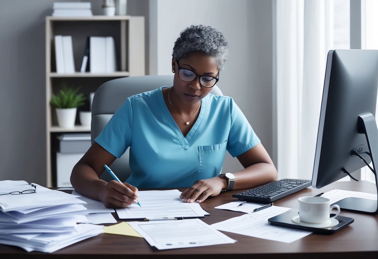 A person sitting at a desk, surrounded by papers and a computer, while filling out a healthcare directive form