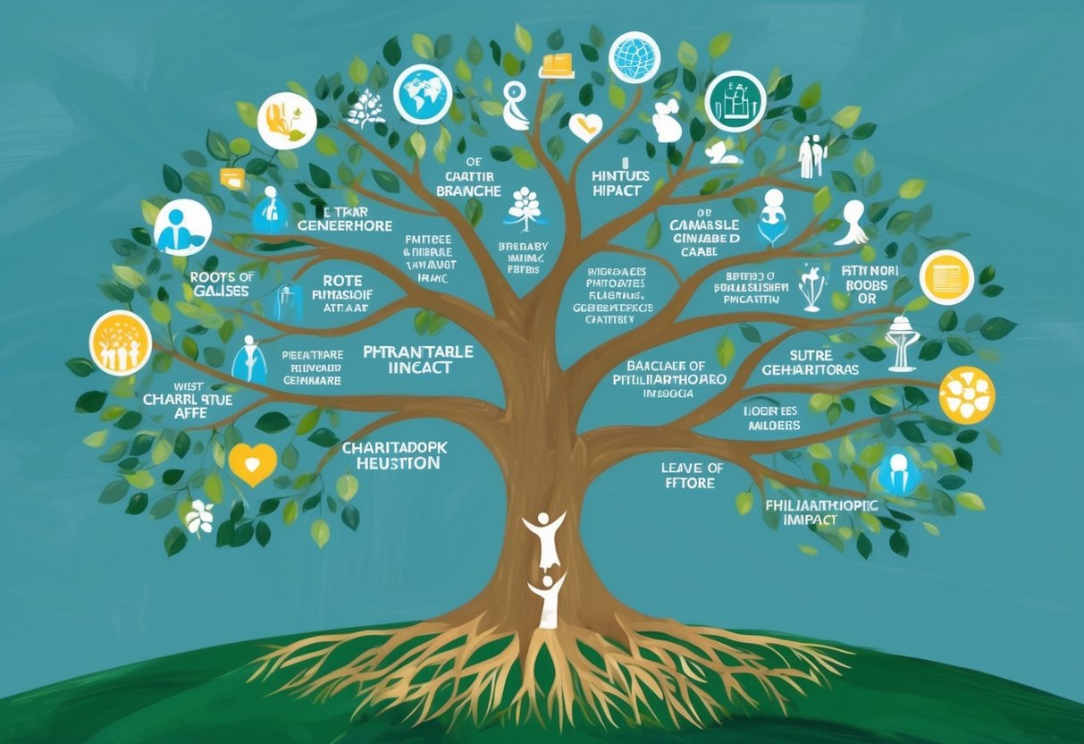 A family tree with roots of charitable causes, branches of future generations, and leaves of philanthropic impact