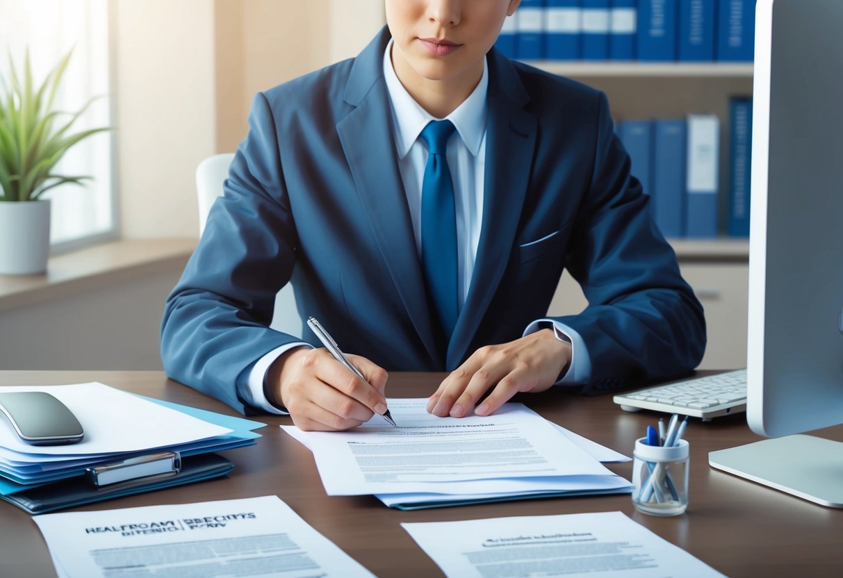 A person sitting at a desk, surrounded by legal documents and a computer, carefully filling out a healthcare directive form. A pen is poised over the paper as they consider their choices