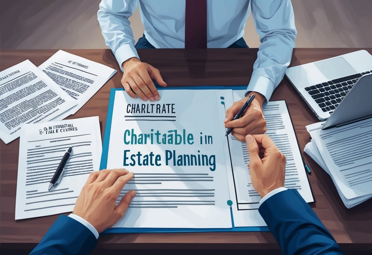 A person sitting at a desk, surrounded by legal documents and a laptop, with a pen in hand, contemplating charitable giving in estate planning