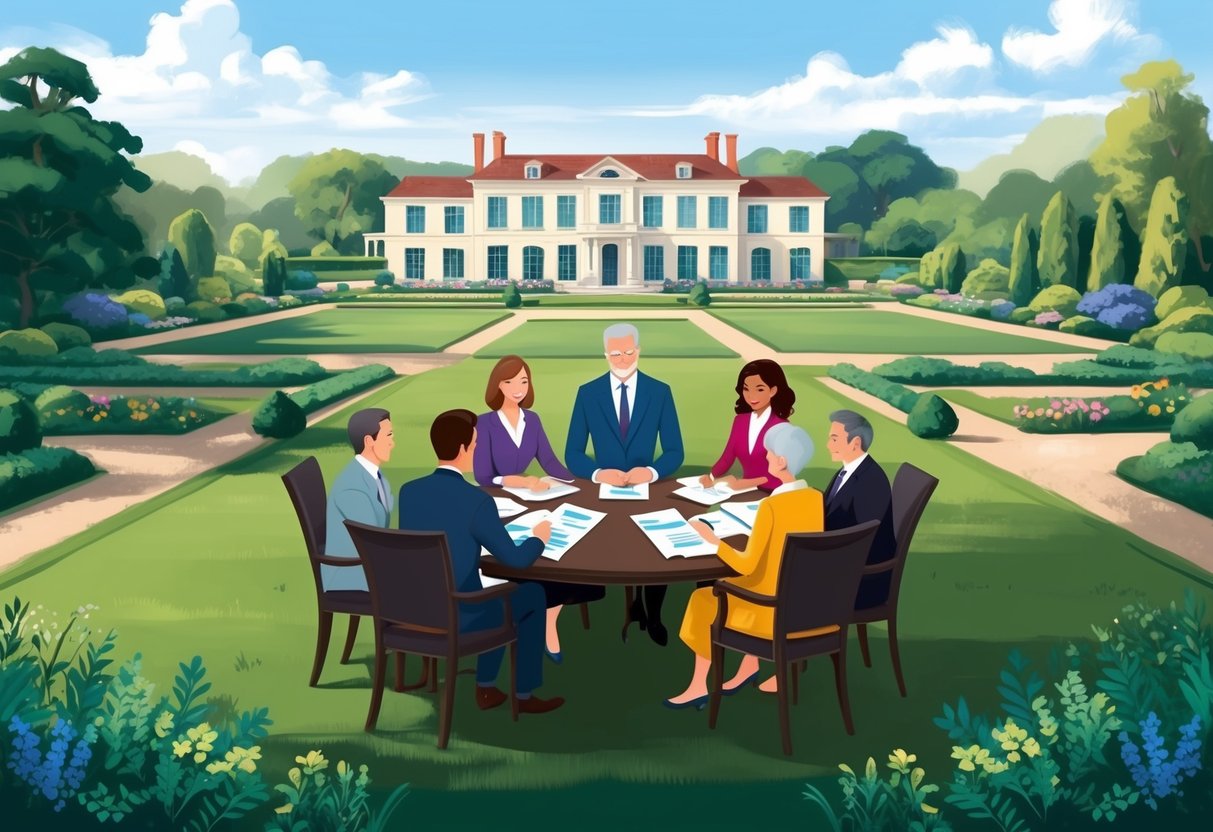 A sprawling estate surrounded by lush gardens, with a grand mansion at the center. A family gathers around a table, discussing charitable giving and estate planning with financial documents spread out before them