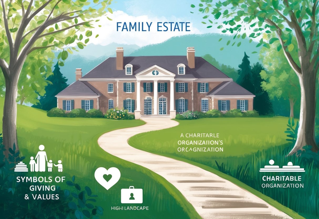 A family estate surrounded by nature, with a path leading to a charitable organization's building. Symbols of giving and values integrated into the landscape