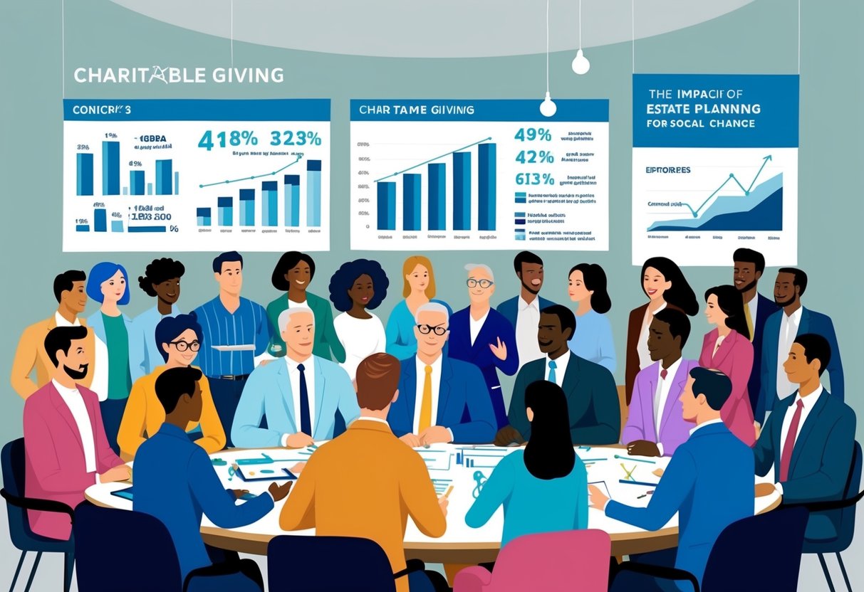 A diverse group of people gather around a table, discussing and planning charitable giving for social change. Charts and graphs are displayed, indicating the impact of estate planning on various causes