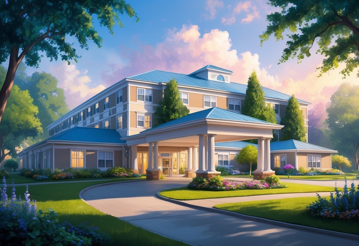 A serene nursing home surrounded by lush gardens and a peaceful atmosphere, with a life insurance policy and long-term care rider prominently displayed