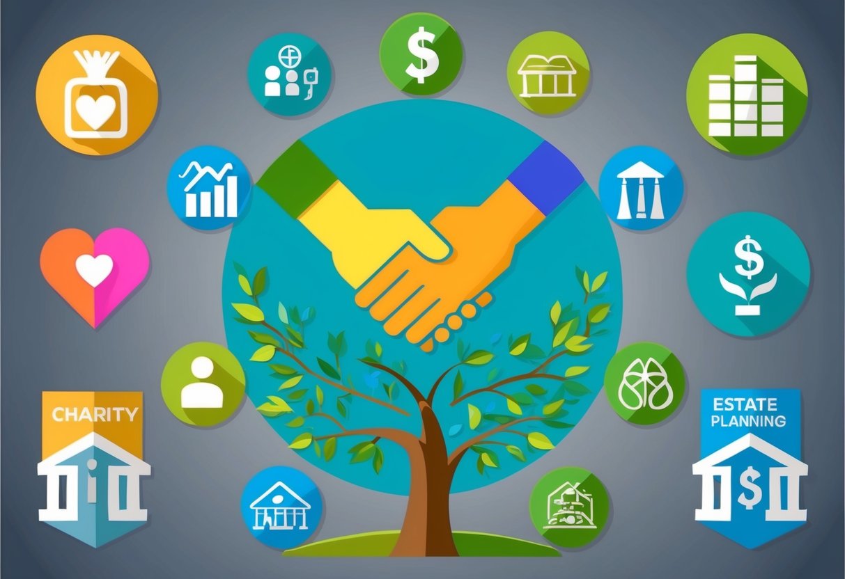 A diverse group of symbols representing charity, such as a heart, hands giving, and a tree of life, surrounded by financial and estate planning icons