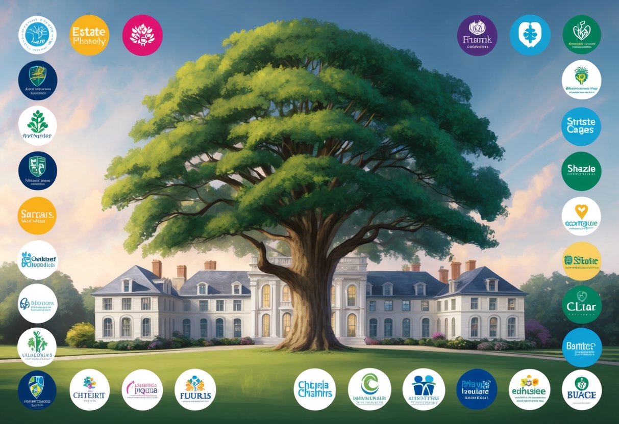 A grand estate with a large tree surrounded by various charities' logos, symbolizing the inclusion of charitable giving in estate planning