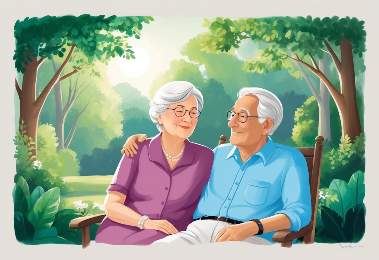 A serene elderly couple enjoying a peaceful retirement, surrounded by lush greenery and a secure financial plan for long-term care