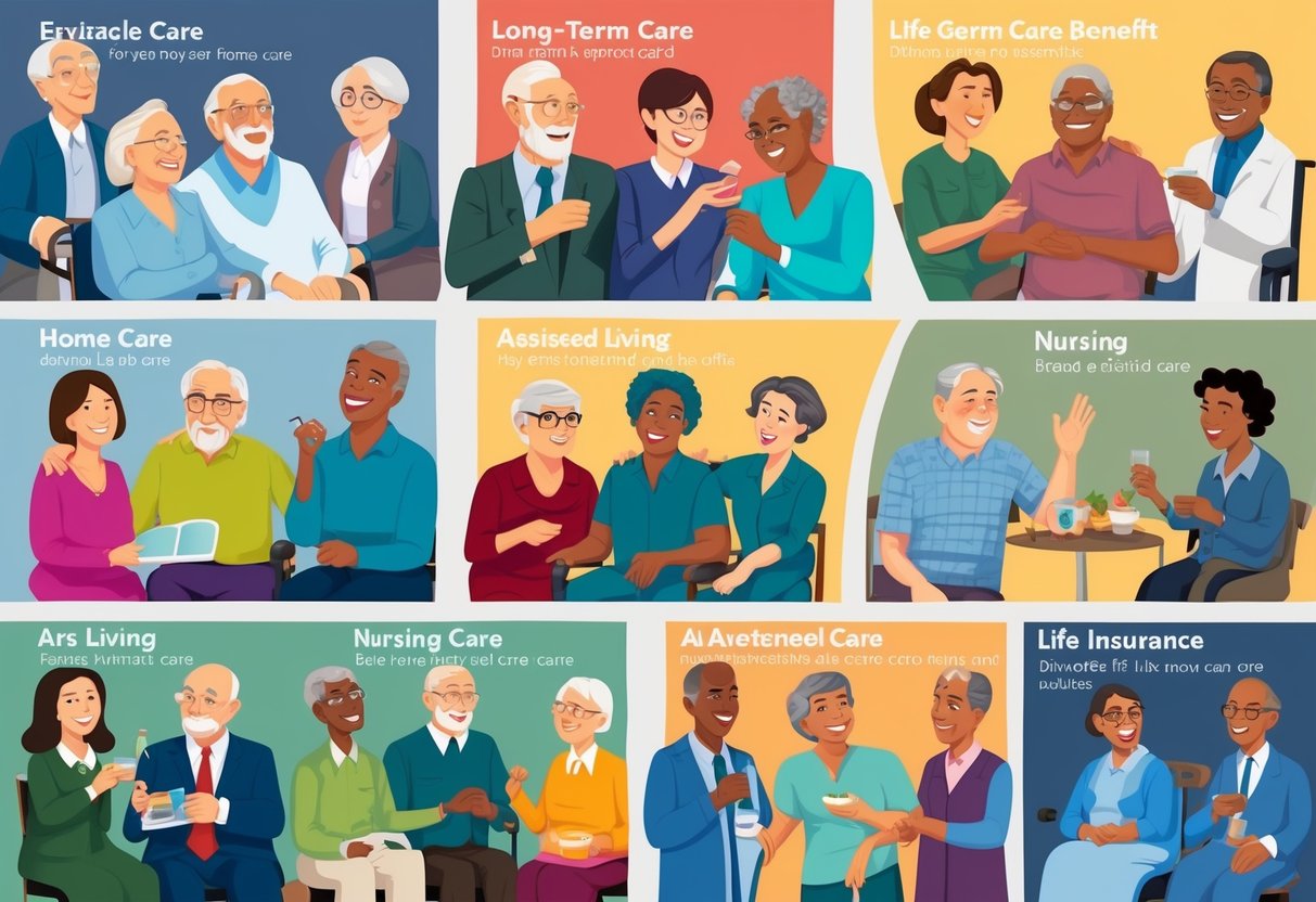 A diverse group of people of various ages and backgrounds are shown enjoying different forms of long-term care benefits, such as home care, assisted living, and nursing care, all provided through life insurance policies