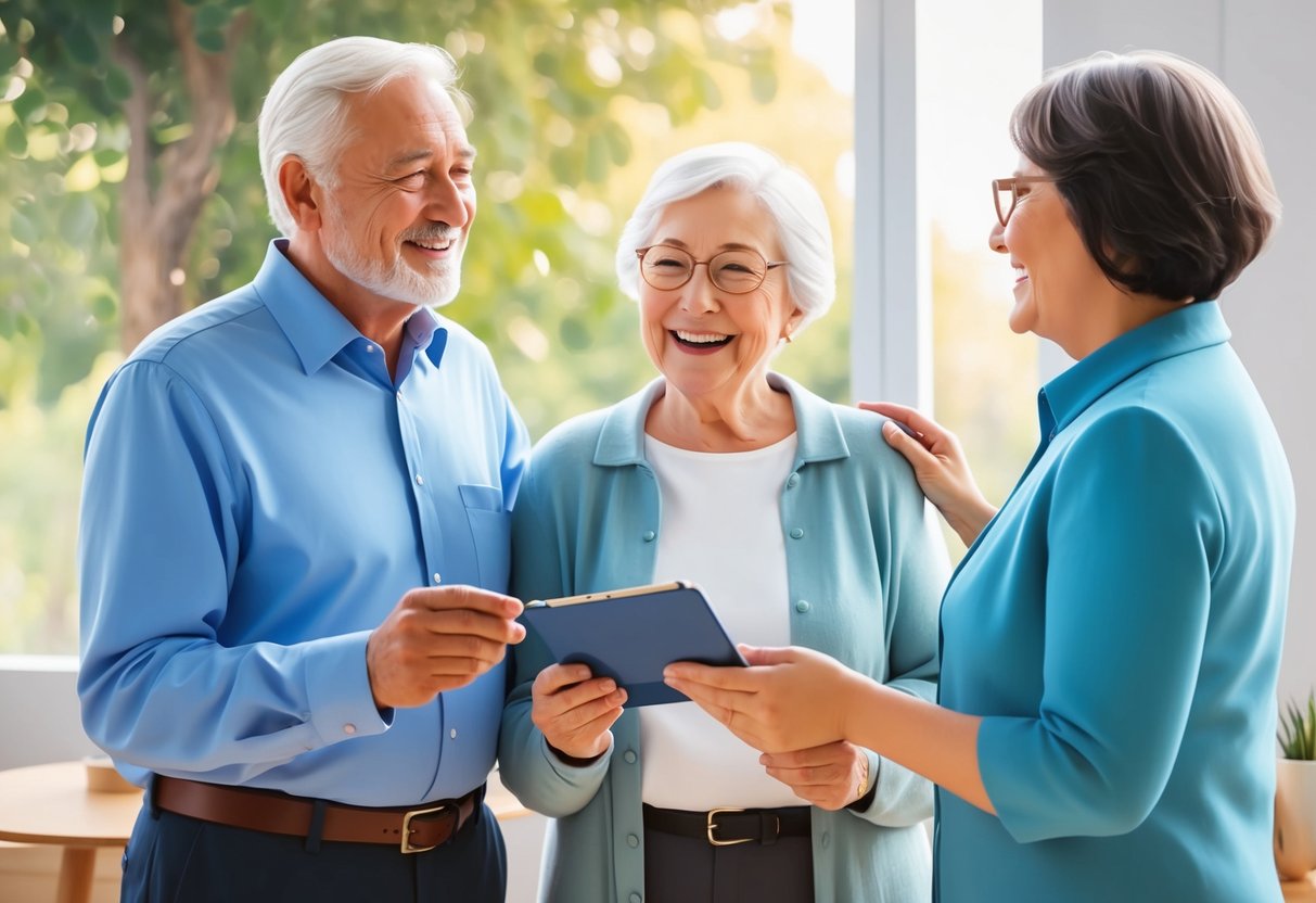 An elderly couple happily discussing financial benefits with an insurance agent