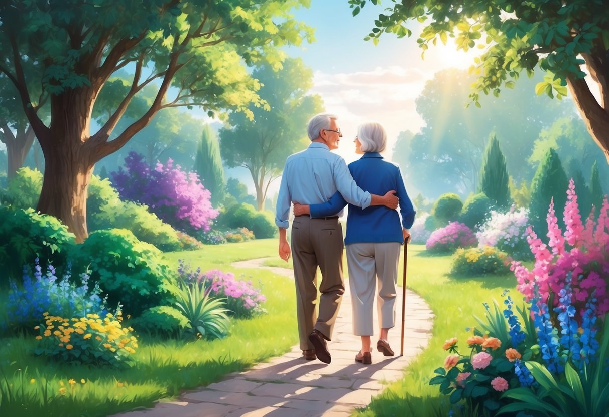 A serene, elderly couple enjoying a peaceful walk in a beautiful garden, surrounded by lush greenery and colorful flowers, with the sun shining overhead