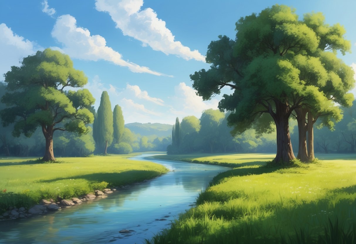 A serene landscape with a peaceful river flowing through lush green fields, surrounded by tall trees and a clear blue sky overhead