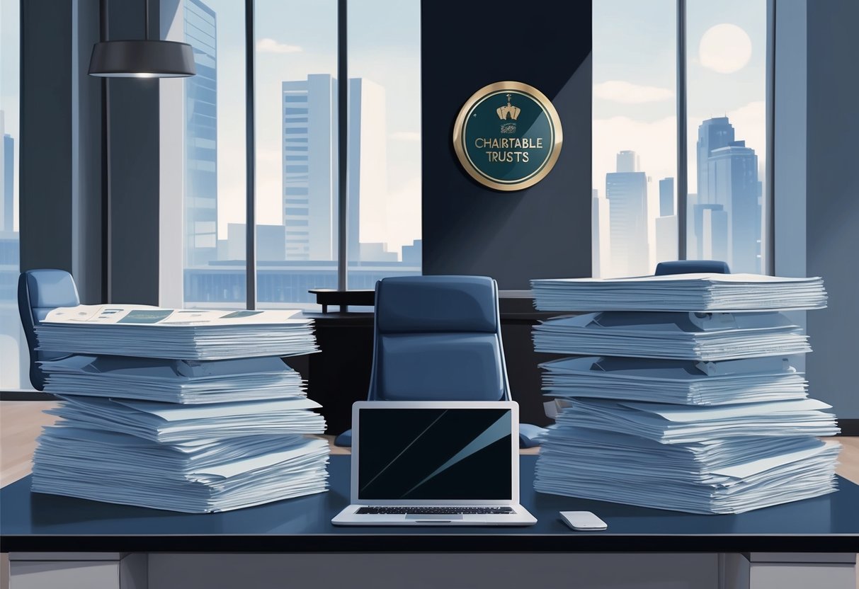 A large, modern office desk with a stack of real estate documents, a laptop, and a plaque with the words "Charitable Trusts" on it