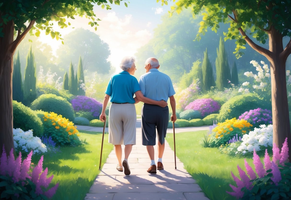 A tranquil elderly couple enjoying a peaceful walk in a beautiful garden, surrounded by vibrant flowers and lush greenery, symbolizing the security and comfort provided by long-term care riders in life insurance policies