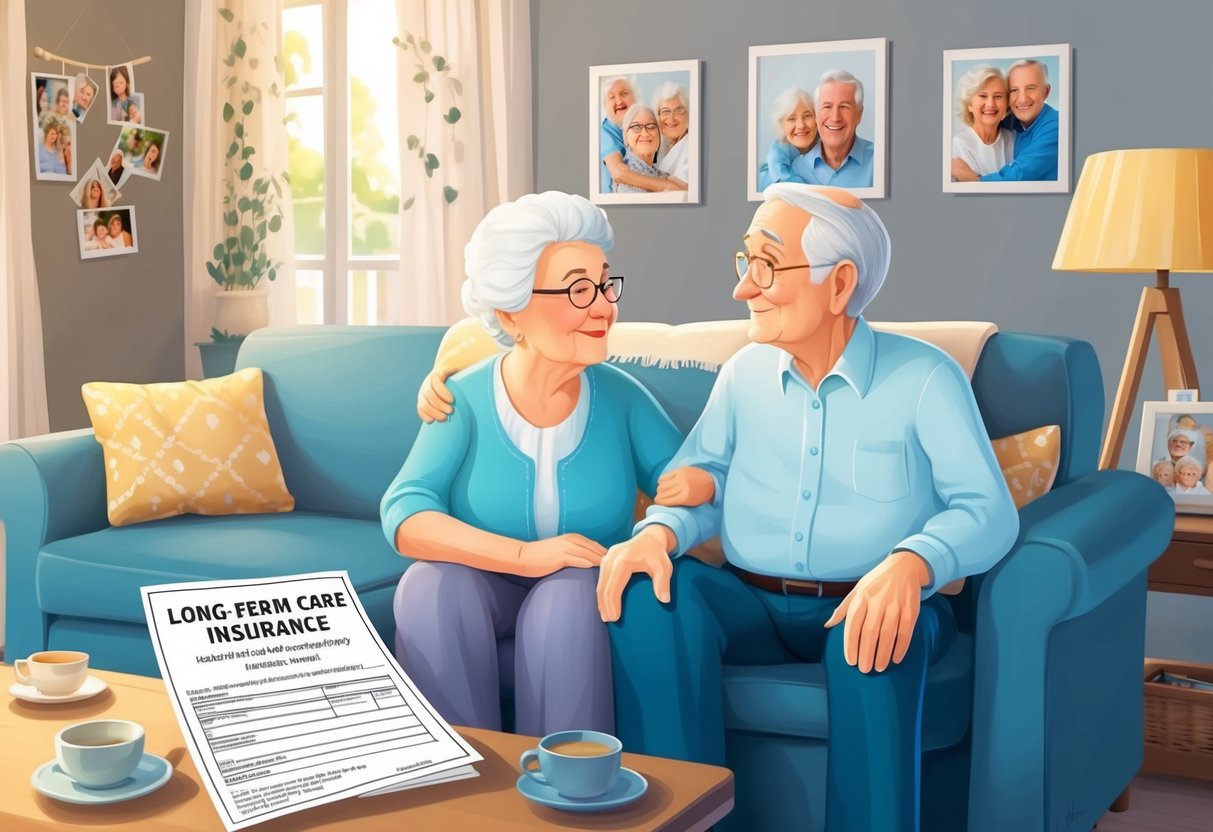 A serene elderly couple sitting in their living room, surrounded by family photos and comforting decor. A long-term care insurance policy is prominently displayed on the coffee table