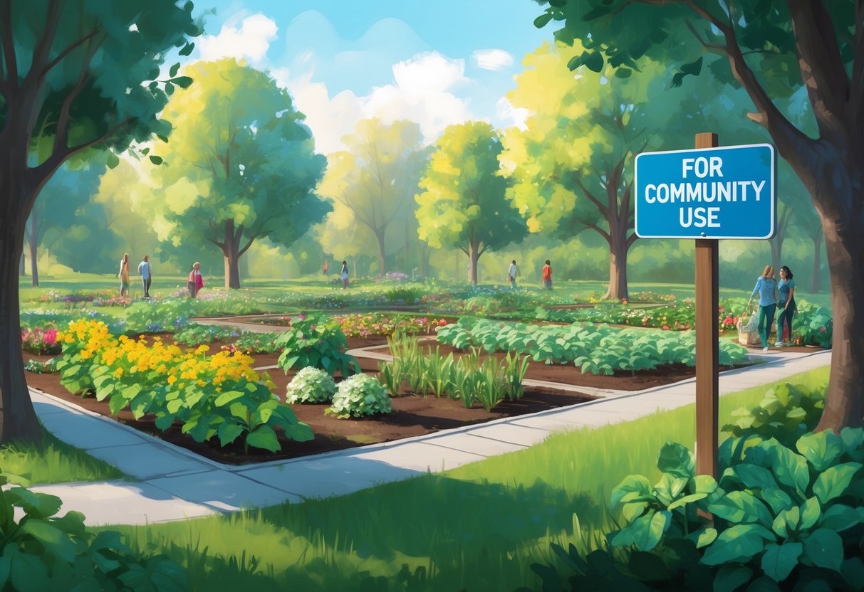 A sprawling piece of land with a "For Community Use" sign, surrounded by trees and a vibrant, thriving community garden