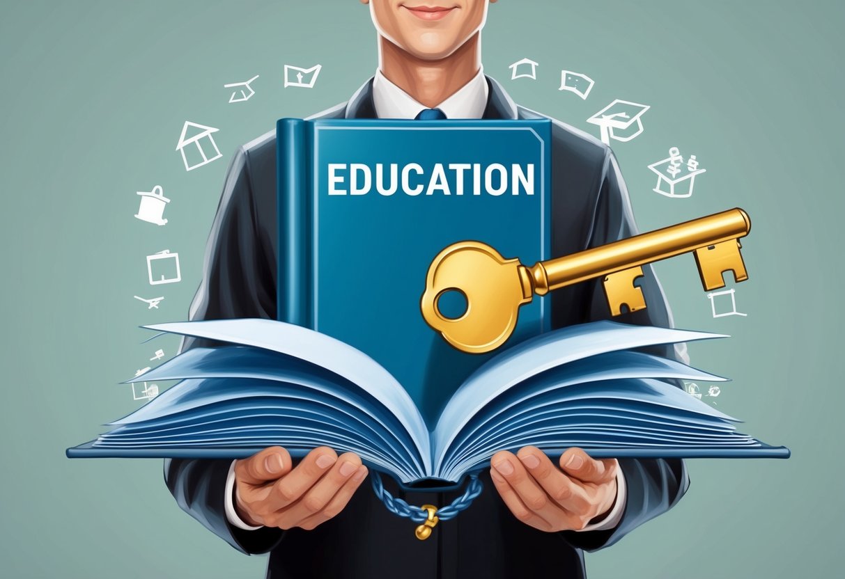 A real estate developer donates funds to support education, symbolized by a large key unlocking a book-shaped scholarship fund