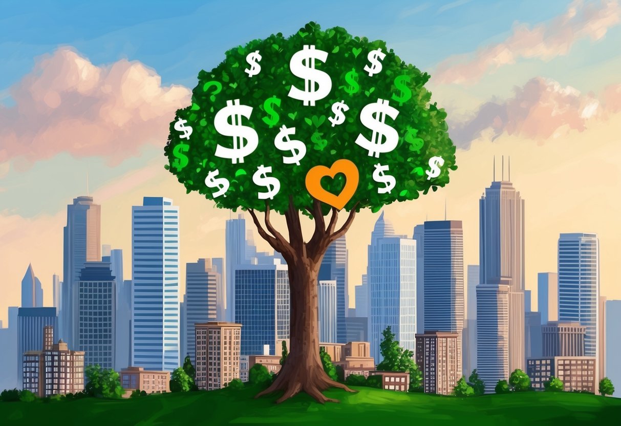 A city skyline with buildings and a tree with dollar signs and heart shapes intertwined, symbolizing the combination of real estate and philanthropy