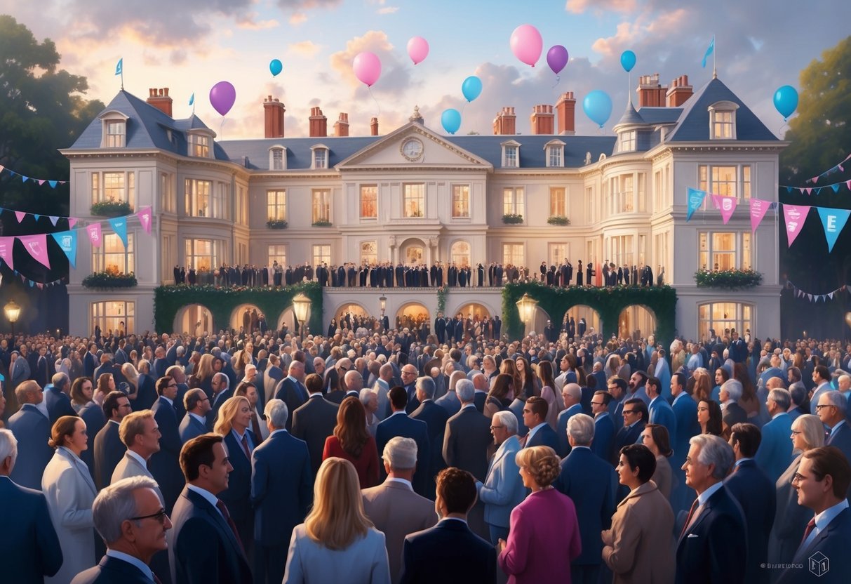 A grand estate with a bustling crowd, adorned with banners and balloons, as people gather for a fundraising event. A mix of real estate and philanthropy evident in the atmosphere