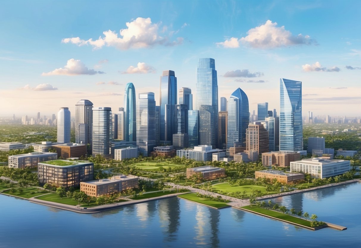 A city skyline with modern buildings and green spaces, showcasing the integration of real estate and philanthropy through non-profit development projects