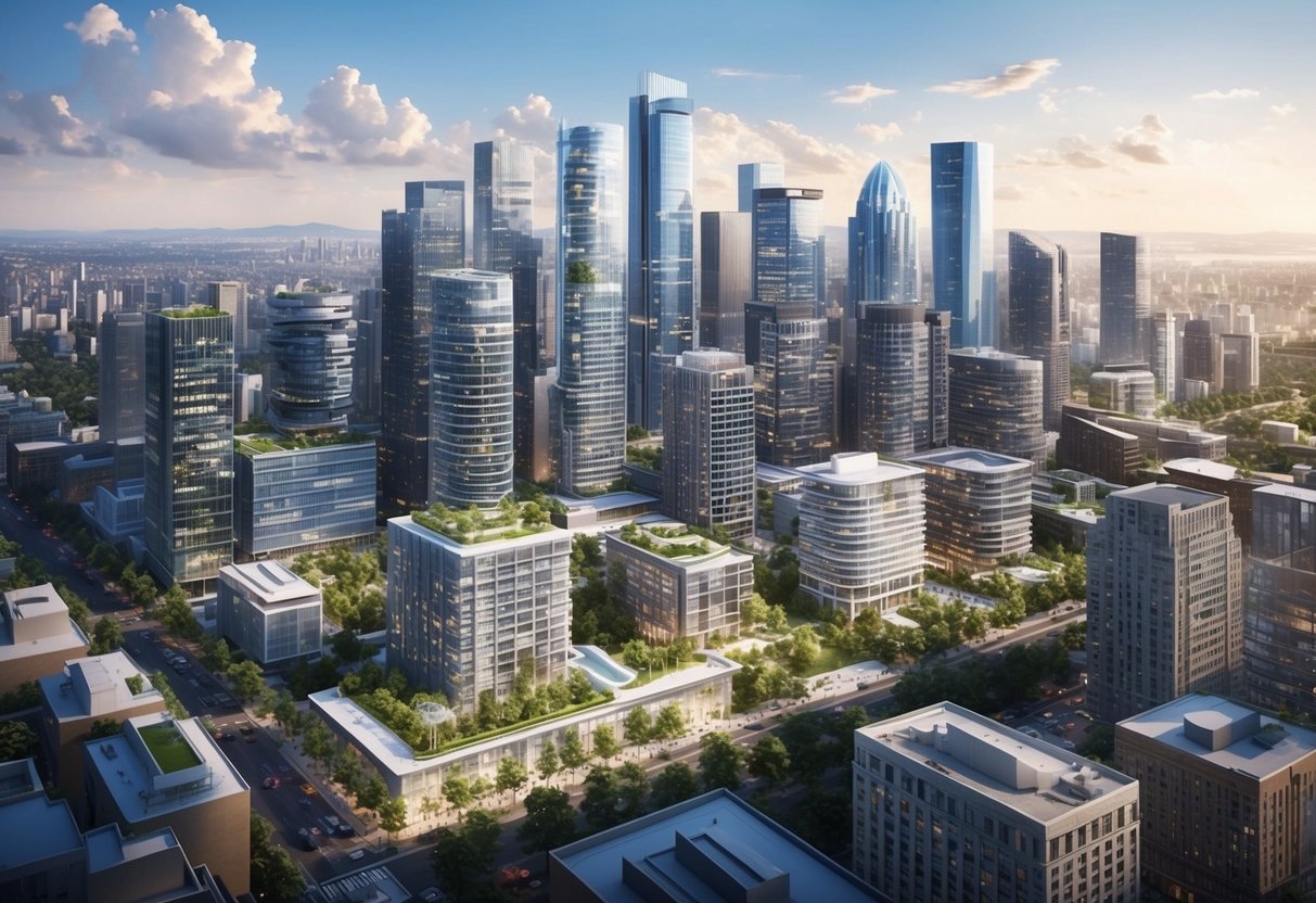 A bustling city skyline with modern buildings and green spaces integrated, showcasing the fusion of real estate and philanthropy