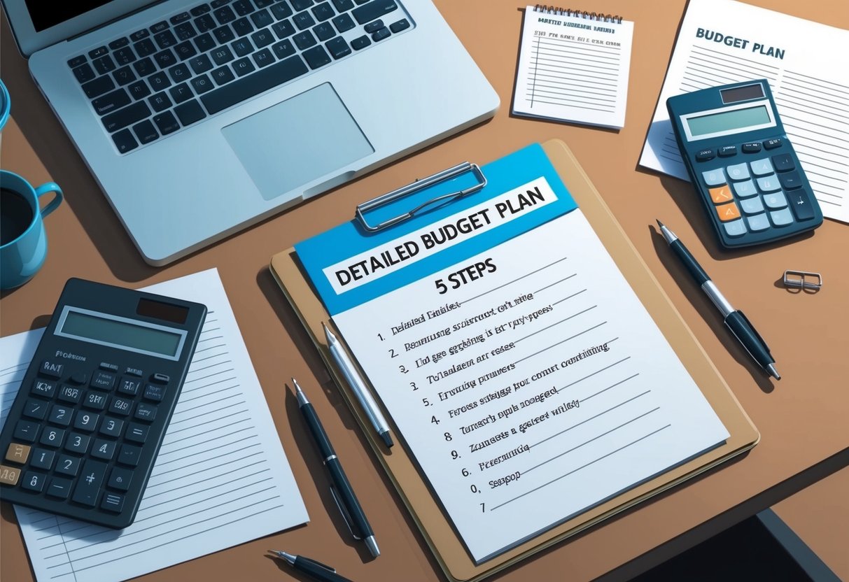 A desk with a laptop, calculator, and papers spread out. A folder labeled "Detailed Budget Plan" sits open, with 5 steps listed on a notepad