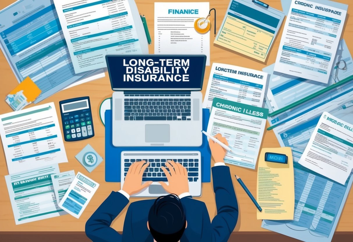 A person researching long-term disability insurance at a desk with a computer, paperwork, and a calculator. They are surrounded by medical and financial documents, showing the impact of chronic illness
