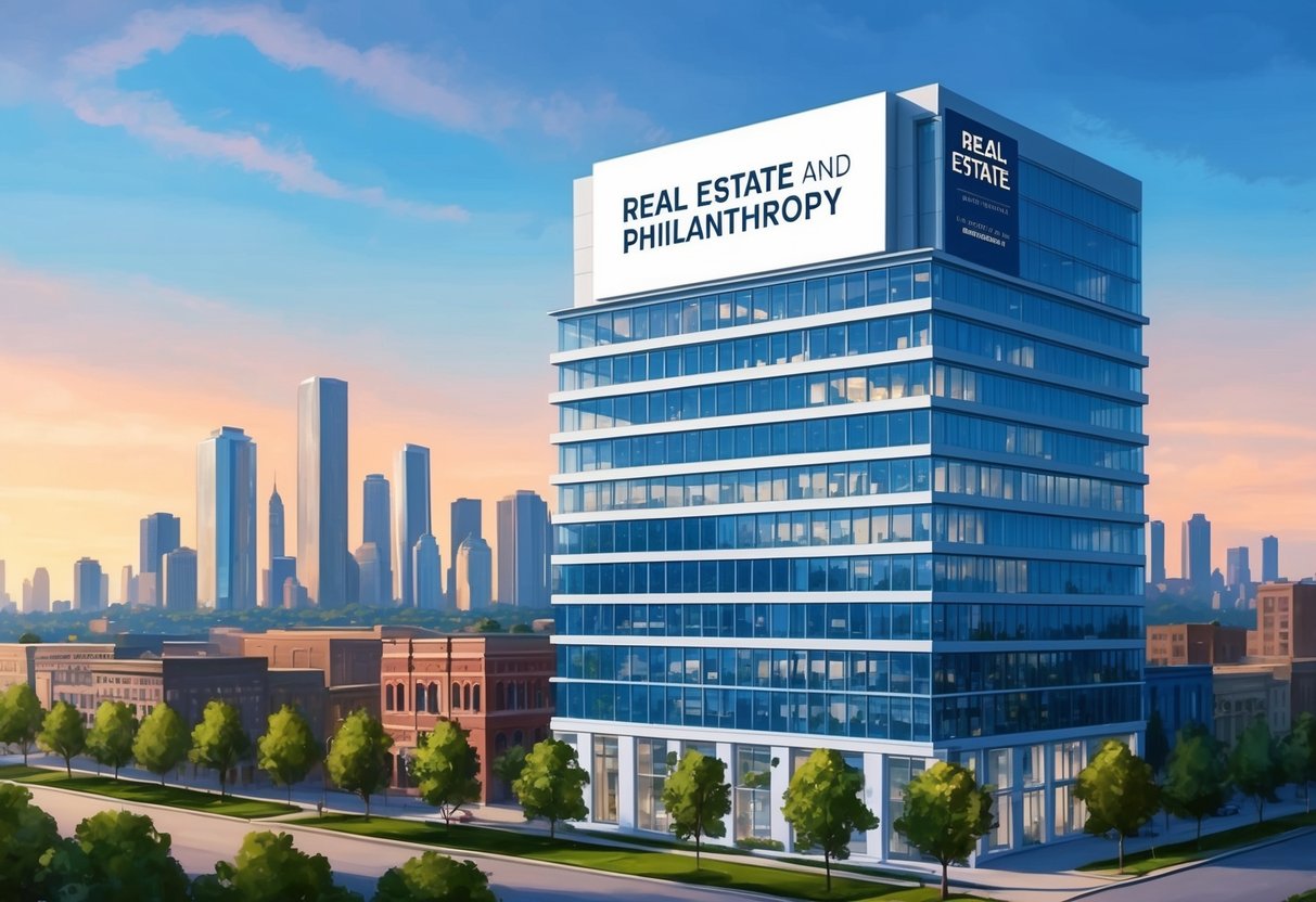 A modern office building with a large sign reading "Real Estate and Philanthropy" stands against a backdrop of a city skyline, with a tree-lined street in the foreground
